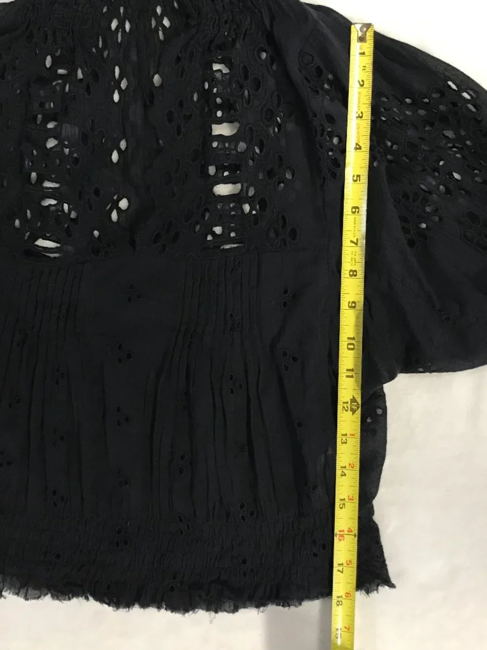 FP One Free People Black Eyelet Lace Boho Peasant Top XS Cotton Smocked Waist